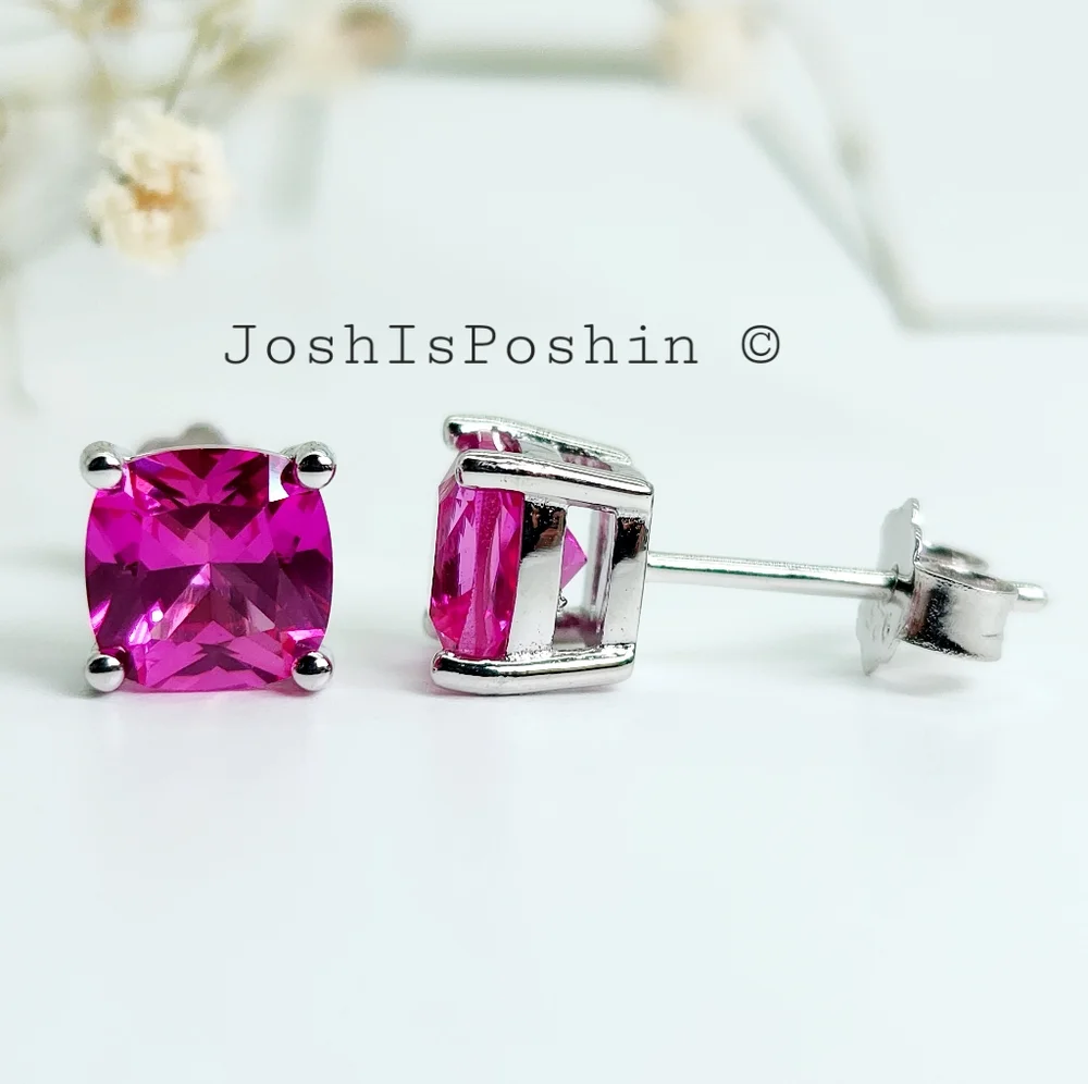 1.6CT. T.W. Cushion cut hot pink sapphire stud earrings in sterling silver